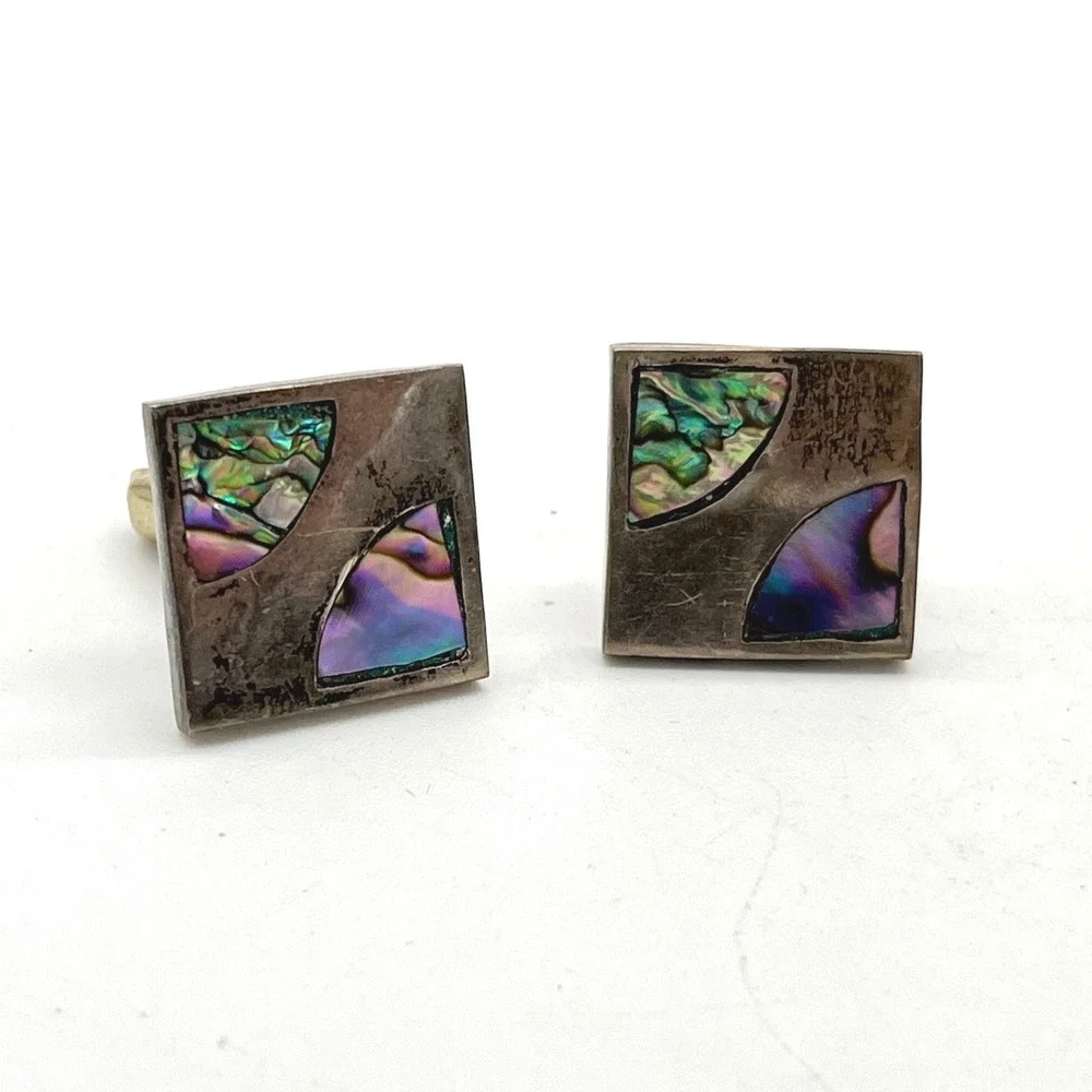 Vintage Sterling Silver Alpaca Mexico Abalone Shell Inlay Square Cufflinks